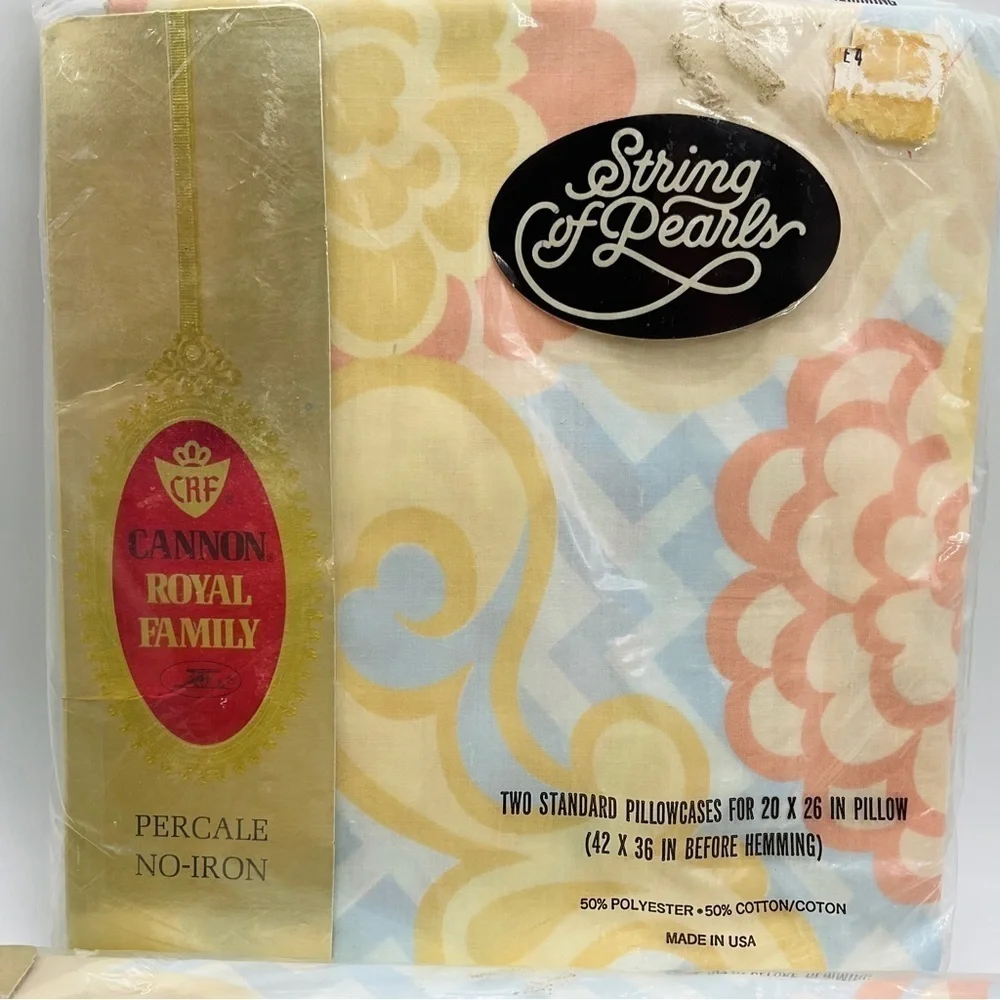 Vtg Cannon Royal Family Full Flat Sheet & Two Pillowcases String Of Pearls NOS